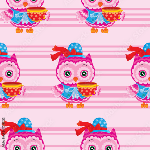 pattern, cartoon owl with a cup of tea on a pink background, vector illustration,