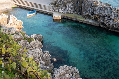 Tratto costiero con mare limpido e trasparente  scogli e vegetazione. 