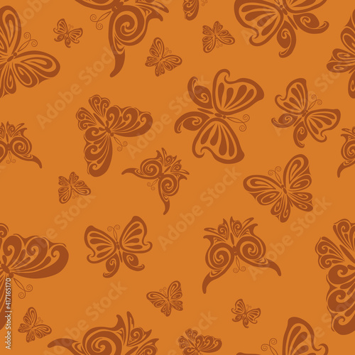pattern, dark brown stylized butterflies on a light brown background, vector illustration,