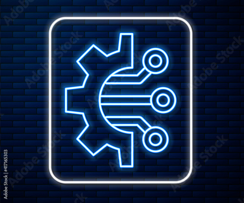 Glowing neon line Algorithm icon isolated on brick wall background. Algorithm symbol design from Artificial Intelligence collection. Vector Illustration.