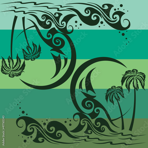 pattern, palms and beach on emerald background, vector illustration,