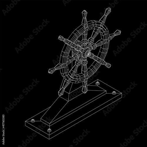 Ship steering wheel. Marine rudder. Wireframe low poly mesh vector illustration.