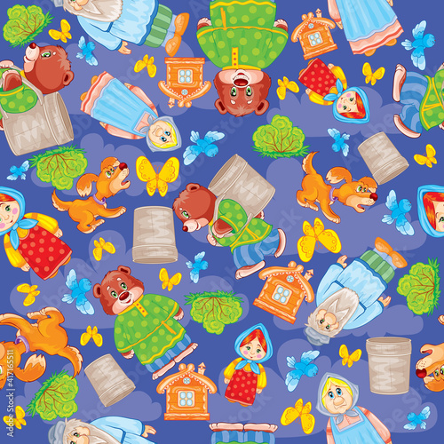 pattern, children's drawings from a fairy tale, bear, old man, old woman, for children on a blue background, vector illustration,
