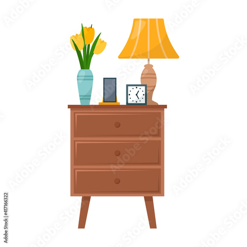 Bedside table with lamp, phine, vase with flowers, clock, vector illustration
