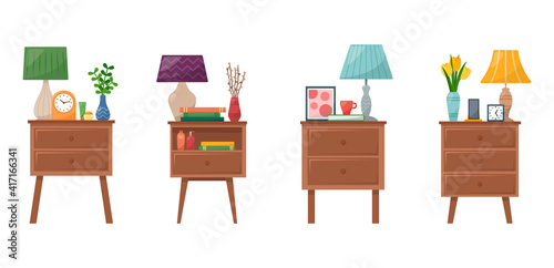 Set of bedside tables with lamp, clock, vase with flowers, books, phone, cream for hand and face, vector illustration