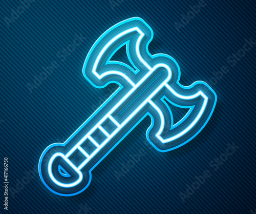 Glowing neon line War axe icon isolated on blue background. Battle axe, executioner axe. Medieval weapon. Vector.