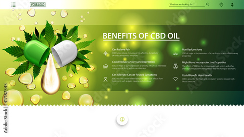 Green an white web banner for website with drop of cbd oil and green leafs of cannabis on background of oil drops. Medical uses for cbd oil, benefits of use CBD oil.
