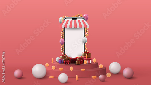 Template with volumetric smartphone with blank screen, presents, coins and 3D spheres on pink podium. 3d render illustration with pink abstract scene