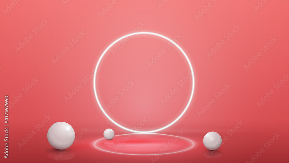 Empty pink abstract scene with realistic spheres and neon ring on background, template for your presentation. 3d render illustration with pink abstract scene with reflection and neon white ring Empty pink abstract scene with realistic spheres and neon ring on background, template for your presentation. 3d render illustration with pink abstract scene with reflection and neon white ring