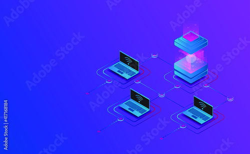 Isometric hologram block chain server.Futuristic concept.vector and illsutration