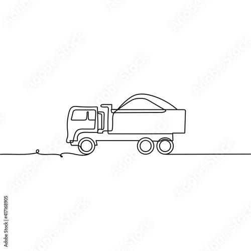 Continuous one line drawing a Heavy tipper with sand isolated. Concept of transport. Vector illustration.