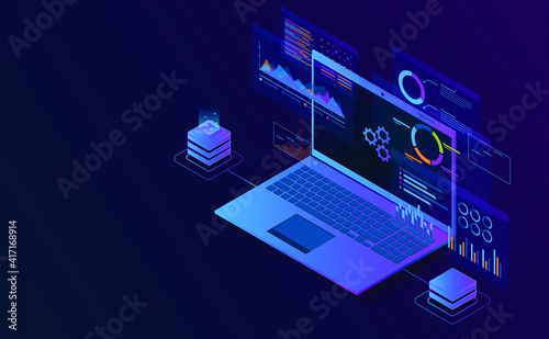 Isometric laptop analysis information. Futuristic concept.vector and illsutration