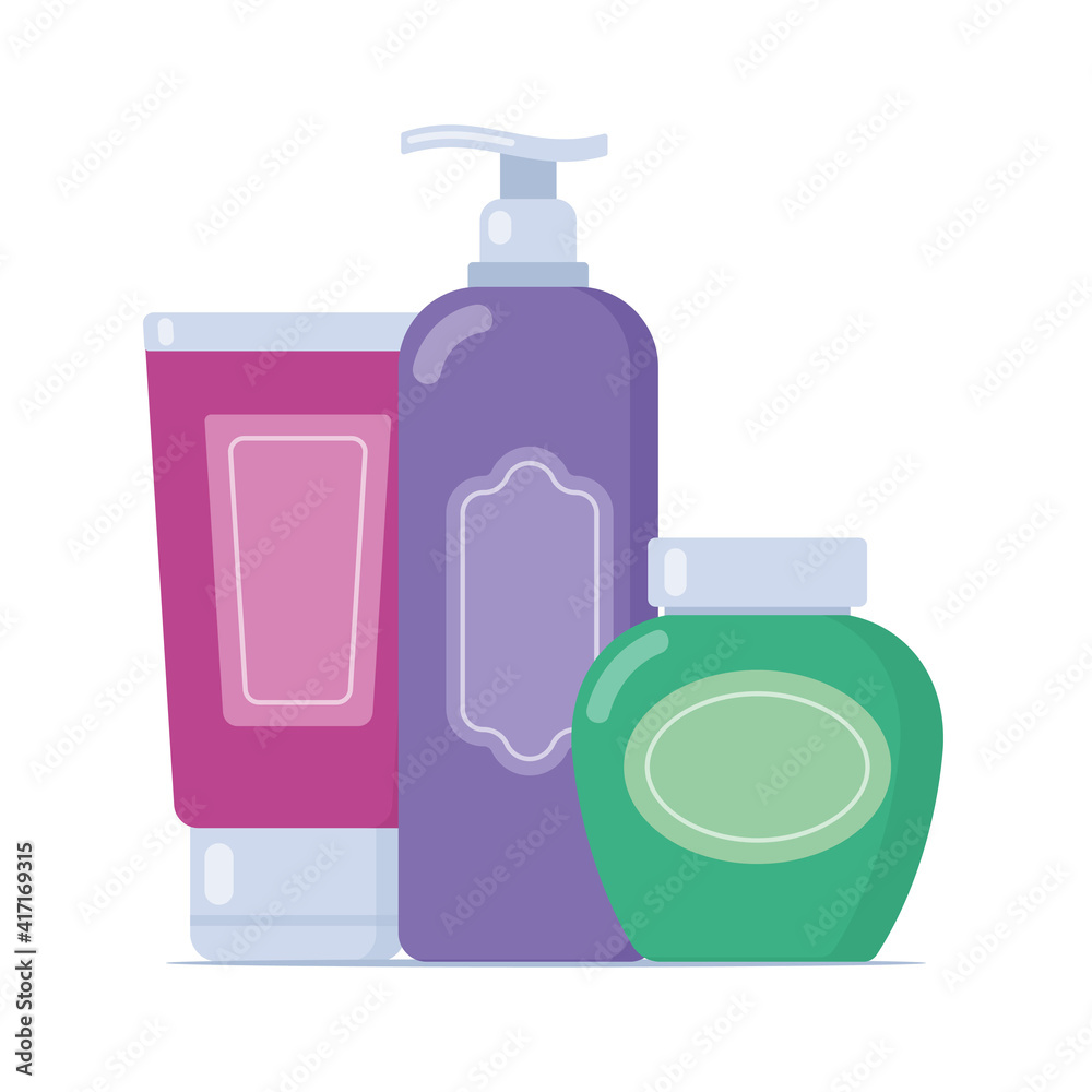 Set of tubes and vials cosmetics. Everything for beauty and skin care. Cosmetic bottles. Cream, gel, tube, soap. Products for beauty and cleanser. Vector illustration in flat style.