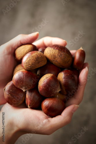 Fresh chestnuts in hand on dark background