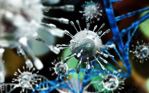 Close-up virus against the background of a DNA helix, infection with a new strain, infectious bacterium, 3D rendering © ustas