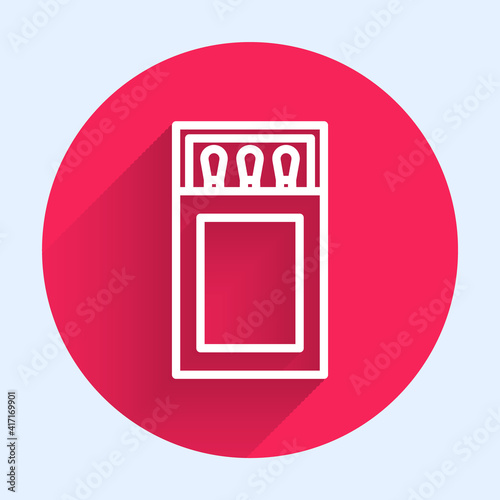 White line Open matchbox and matches icon isolated with long shadow. Red circle button. Vector.
