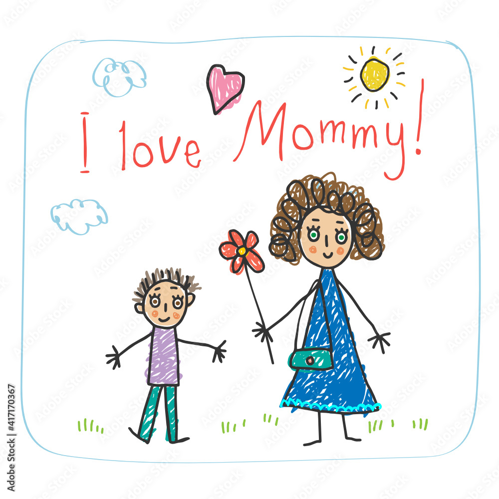 The Mother`s Day. Kids Drawing style with words I love you Mommy! and mother with flower and son vector illustration