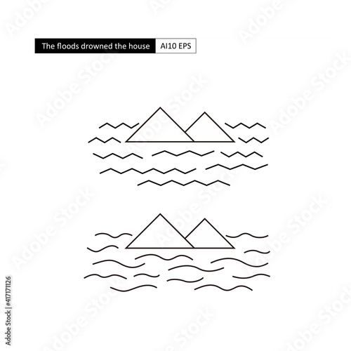 Flat design for illustration of a flood submerging a house 
