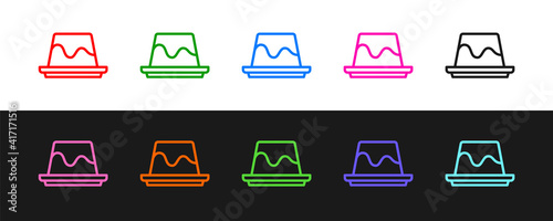 Set line Pudding custard with caramel glaze icon isolated on black and white background. Vector.