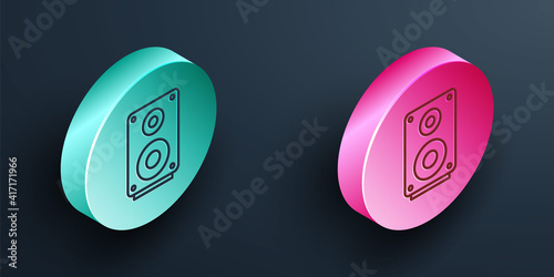 Isometric line Stereo speaker icon isolated on black background. Sound system speakers. Music icon. Musical column speaker bass equipment. Turquoise and pink circle button. Vector.