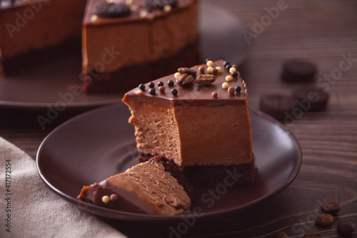 chocolate cheese cake on the wooden table