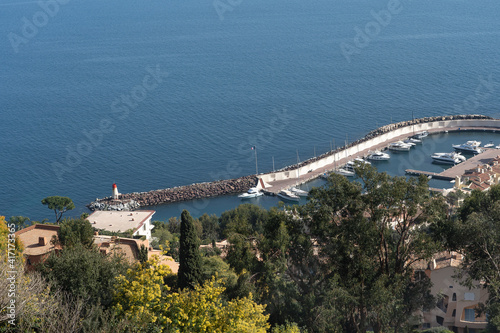 Aerial view of the small port of Theoule-sur-Mer on the Mediterranean coast of France. 
