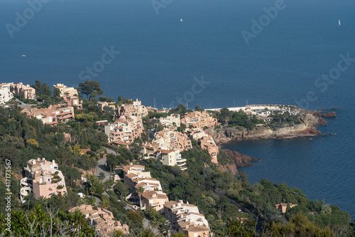 Aerial view of the coast of Theoule-sur-Mer on the Mediterranean coast of France. 