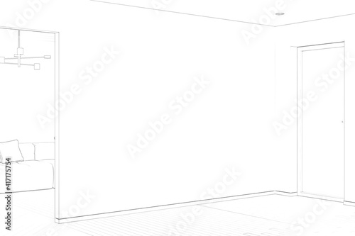Sketch of the entrance hallway with a blank wall, front door, tiled flooring, the doorway to the living room with chandelier over the sofa. 3d render