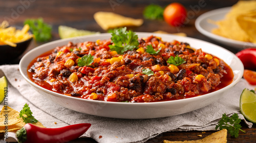 Photos Chilli con Carne with tortilla chips and cheese in white bowl