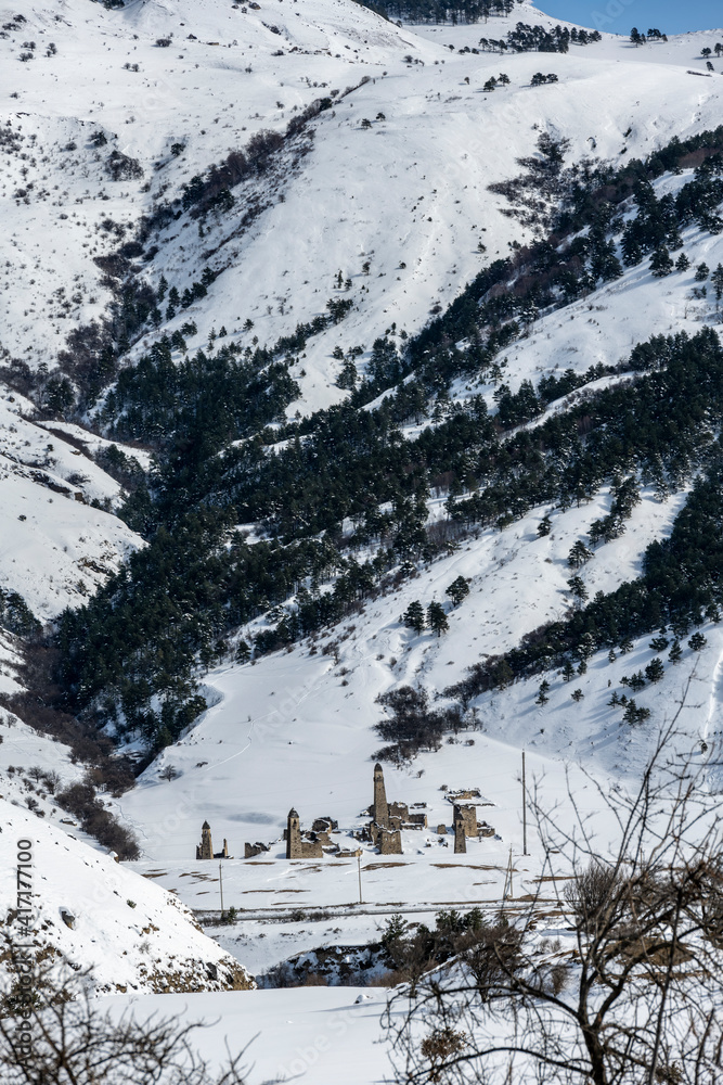 panoramic landscape of winter mountains, passes and snow-covered trees in the Caucasus 