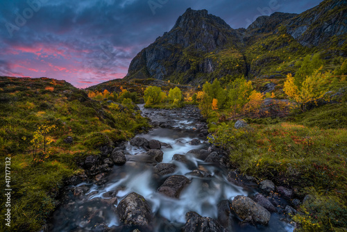 Beautiful waterfalls in Autumn Colors located in Lofoten, Norway