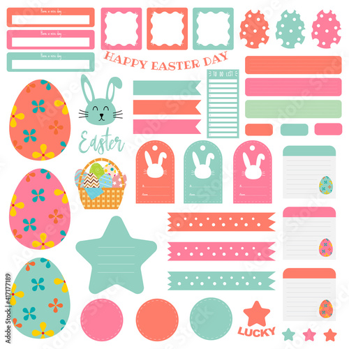 Cute paper notes Easter day set. Printable planner stickers. Template for your message. Decorative planning element. Vector illustration.