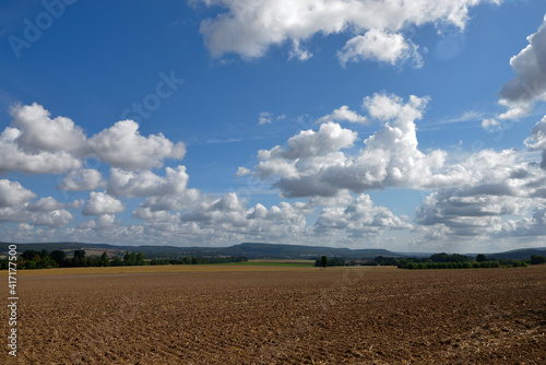 Natural landscape with field, meadow, blue sky and white clouds