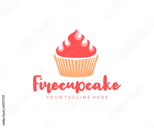 Cupcake with fire  sweet food  muffin and confectionery  logo design. Confection  pastry  sweet-shop and pastry-shop  vector design and illustration