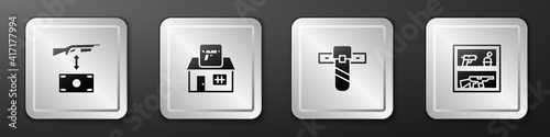 Set Buying assault rifle, Hunting shop weapon, Knife holster and icon. Silver square button. Vector.
