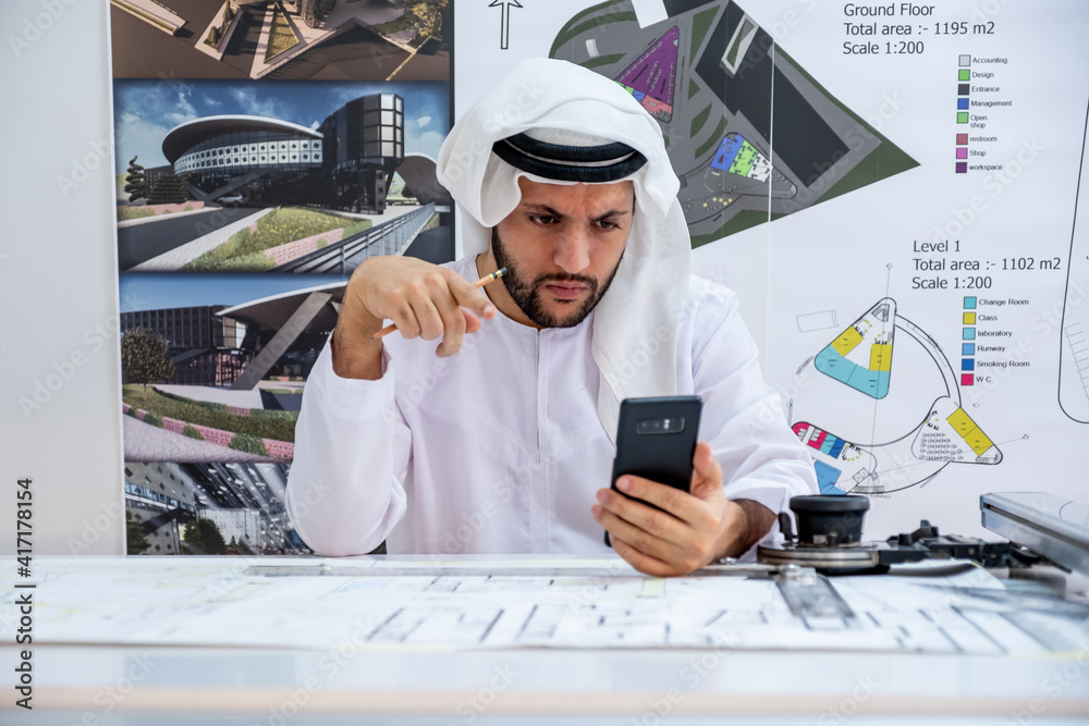 Male arab architect having an online call and look so angry