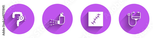 Set Gut constipation, Inhaler, Scar with suture and Stethoscope icon with long shadow. Vector.