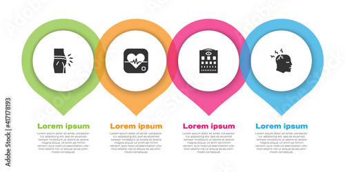 Set Abdominal bloating, Heart rate, Eye test chart and Man having headache. Business infographic template. Vector.