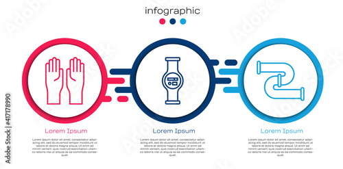 Set line Rubber gloves, Water meter and Industry metallic pipe. Business infographic template. Vector.