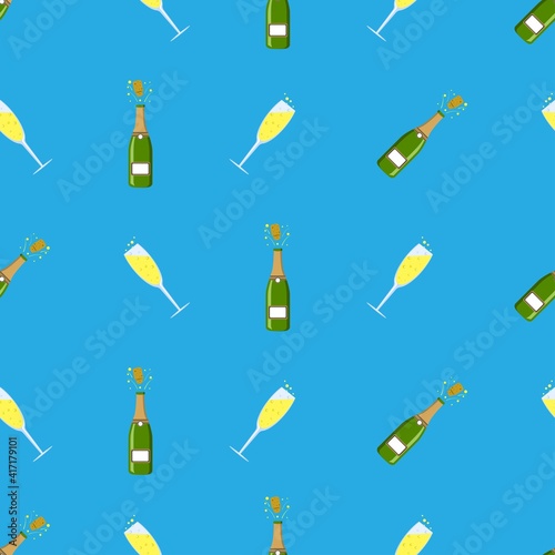 Seamless patterns. Champagne bottle with glass isolated on blue background. Vector illustration.