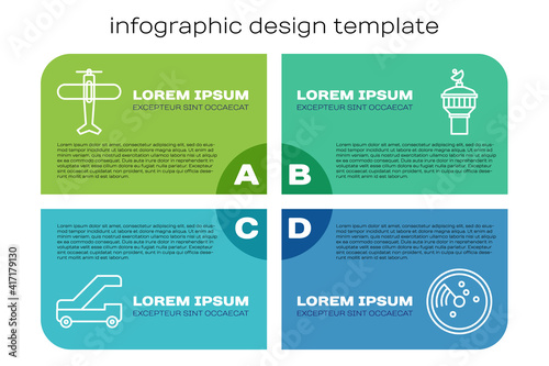 Set line Passenger ladder for plane boarding, Plane, Radar with targets on monitor and Radar. Business infographic template. Vector.