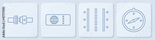 Set line Safety belt, Airport runway, Airline ticket and Compass. White square button. Vector.
