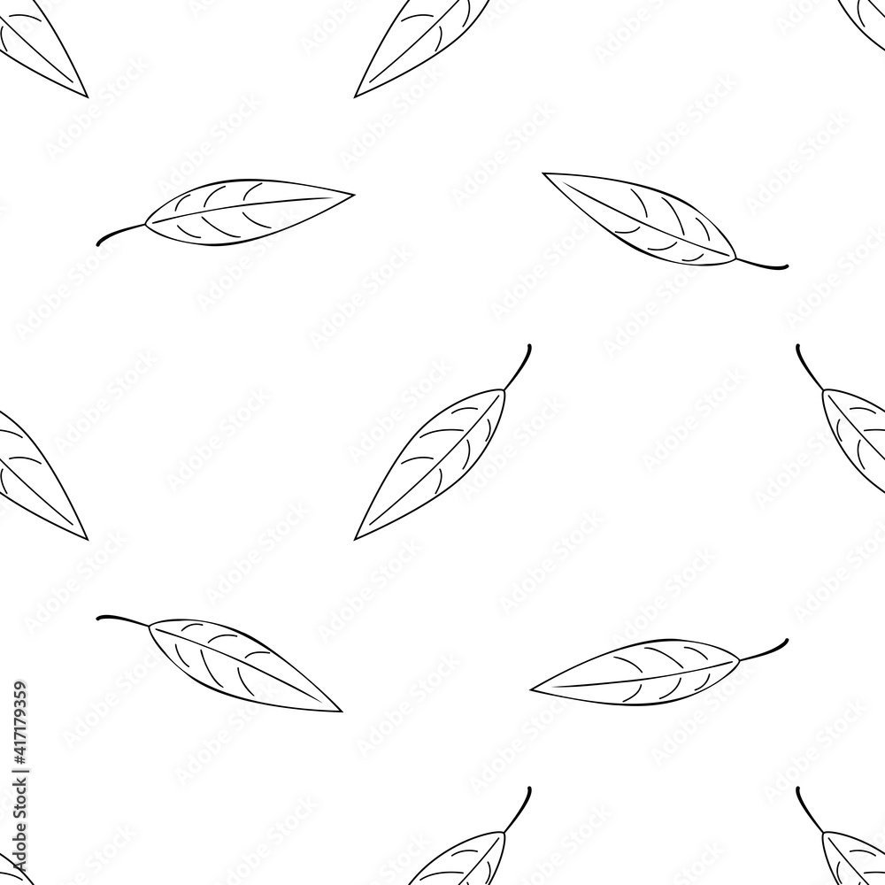 Seamless patterns. Doodle tree leaves isolated on white background. Vector illustration.
