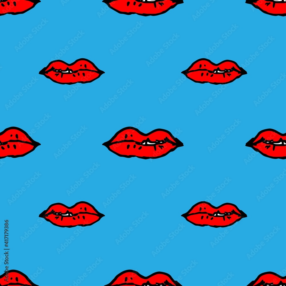 Seamless patterns. Lips isolated on a blue background. Vector illustration. Seamless patterns. Lips isolated on a blue background. Vector illustration.