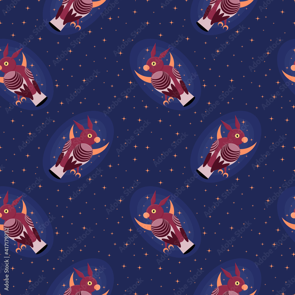 Owls, stars and crescent moons seamless pattern Owls, stars and crescent moons seamless pattern