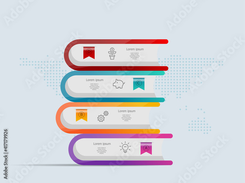 stack of books infographics template 4 steps with world map for business and presentation