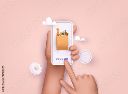 Online grocery shopping. elivery service. Online ordering of food, grocery delivery, e-commerce. 3D Vector Illustrations.