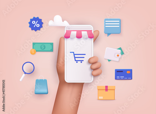 Hand holding mobile smart phone with shopp app. Online shopping concept. 3D Web Vector Illustrations.