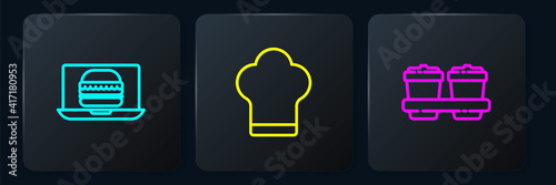Set line Online ordering burger delivery, Coffee cup to go and Chef hat. Black square button. Vector.