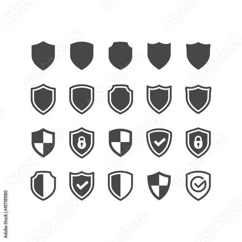 Shield black vector icon set. Shields with checkmark or tick symbol and padlock glyph icons.